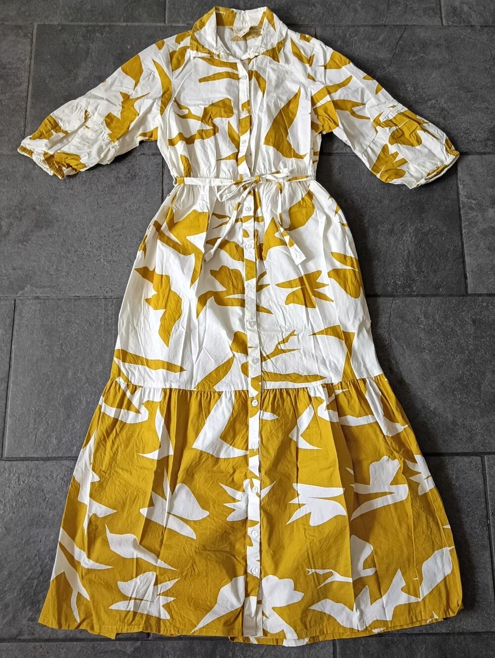 Boho NAOO 100% Cotton Mustard Yellow White Abstract Maxi Shirtdress Small